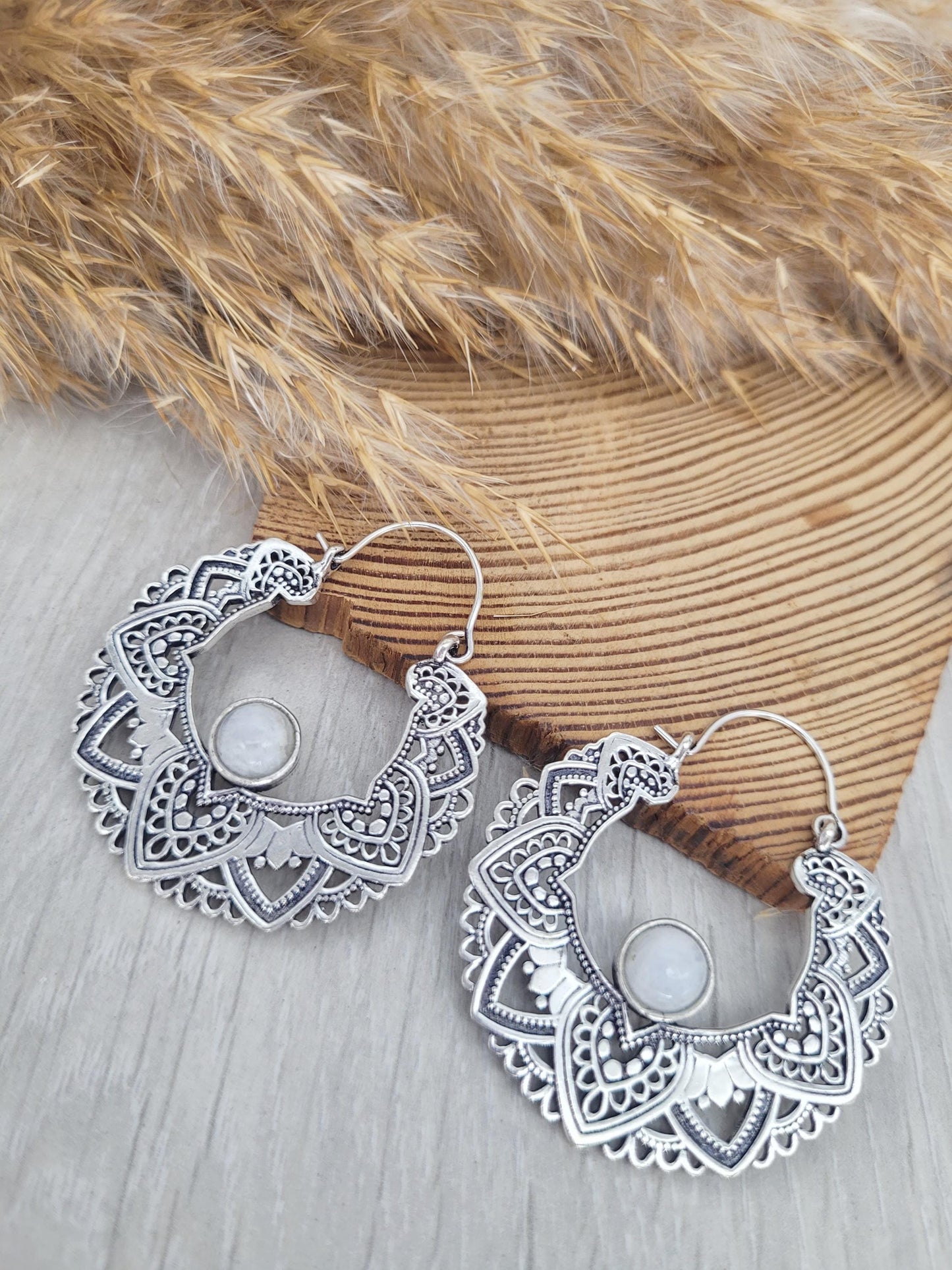 Silver moonstone earrings / Hoops / Detailed hoops / Statement / Gift / Unique / Large earrings