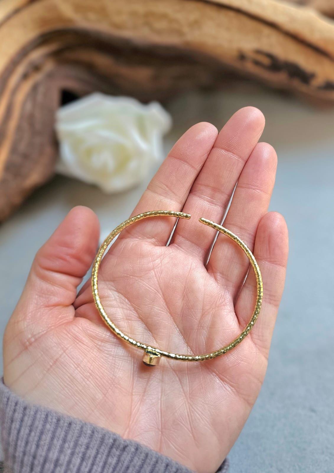 Brass Bangle with Labradorite: Adjustable Gold Bracelet