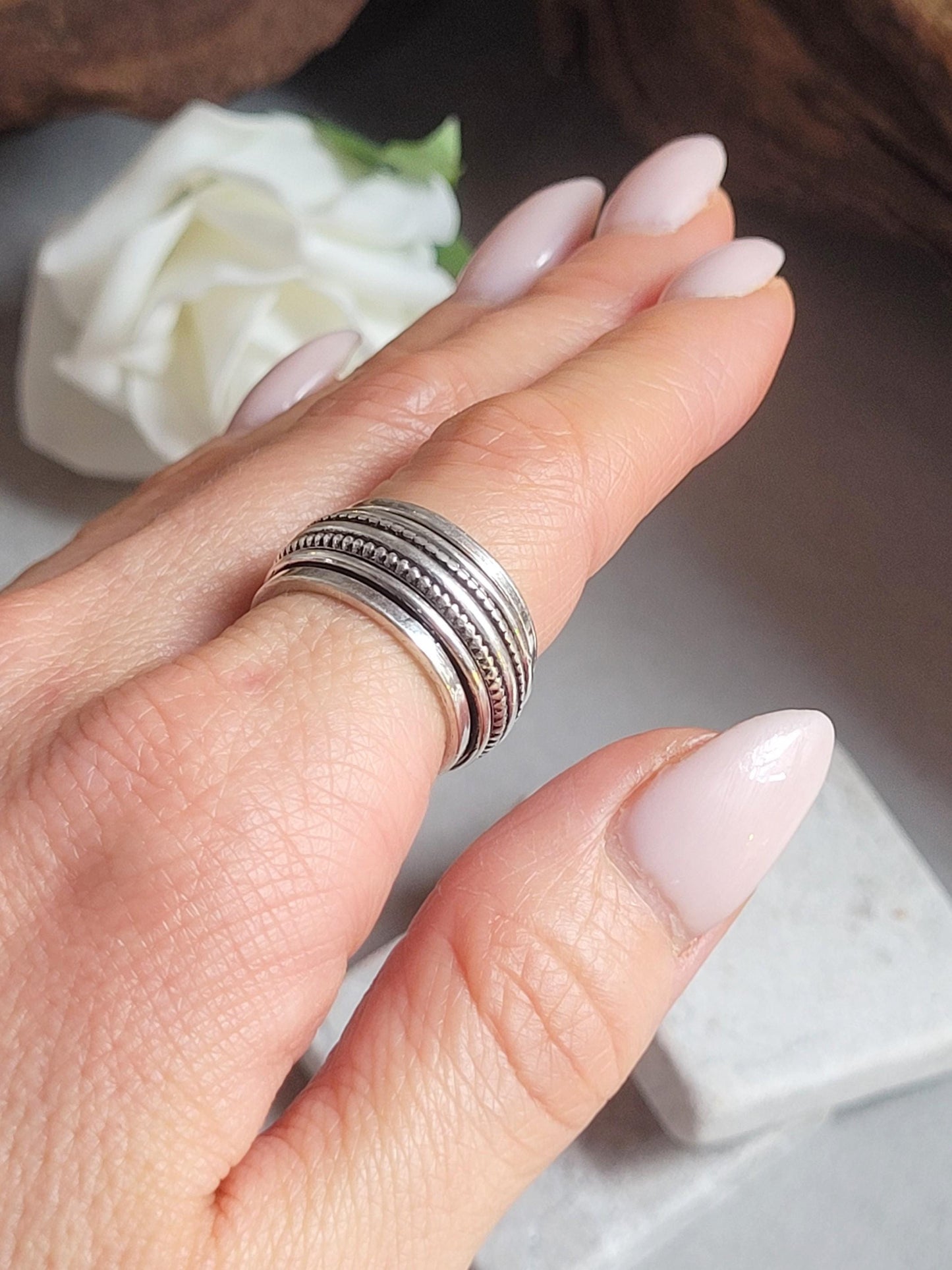 Silver Plated Spinner Ring – Wide Band Ring – Textured Rotating Design – Everyday Mindful Jewellery