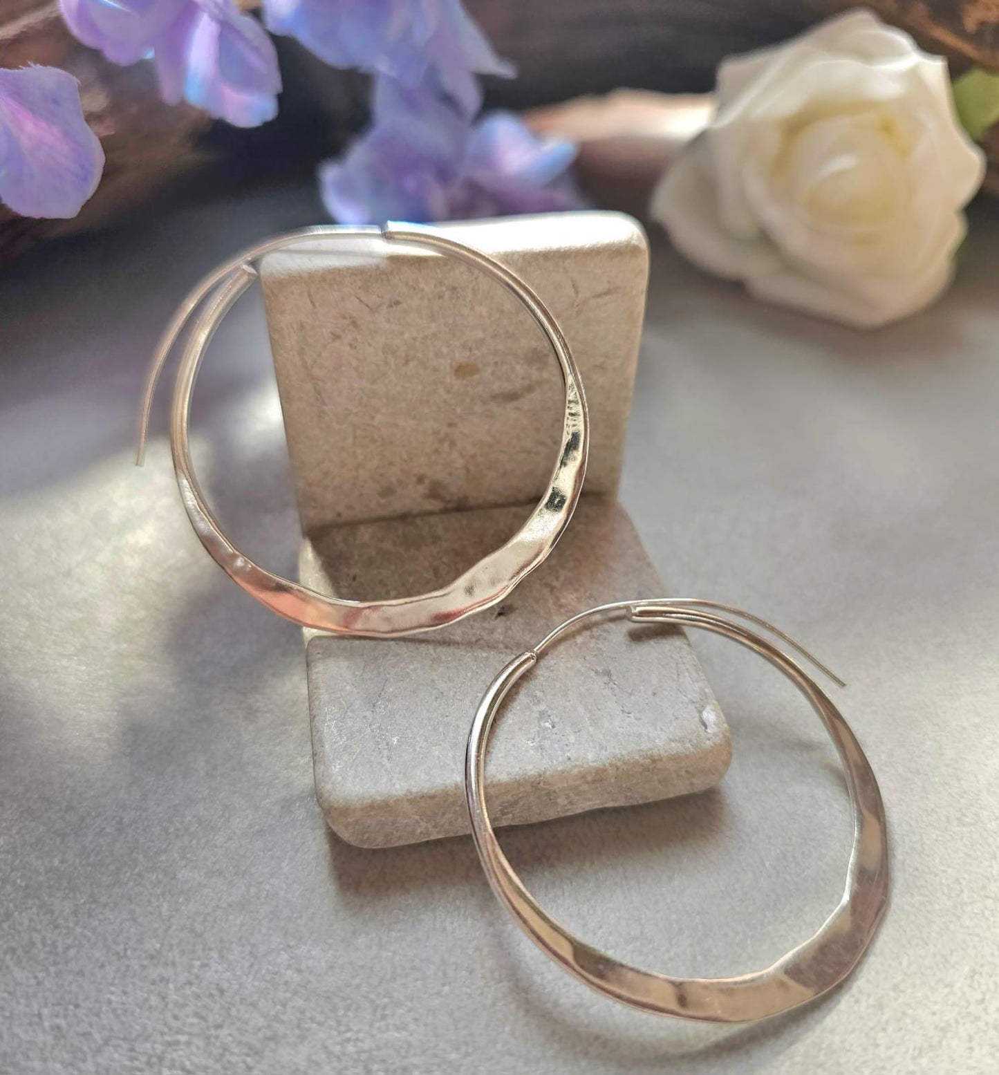 Statement Silver Hoop Earrings 5cm | Hammered Effect Silver Plated Hoops | Lightweight Bold Earrings | Modern Jewellery | Nickel Free