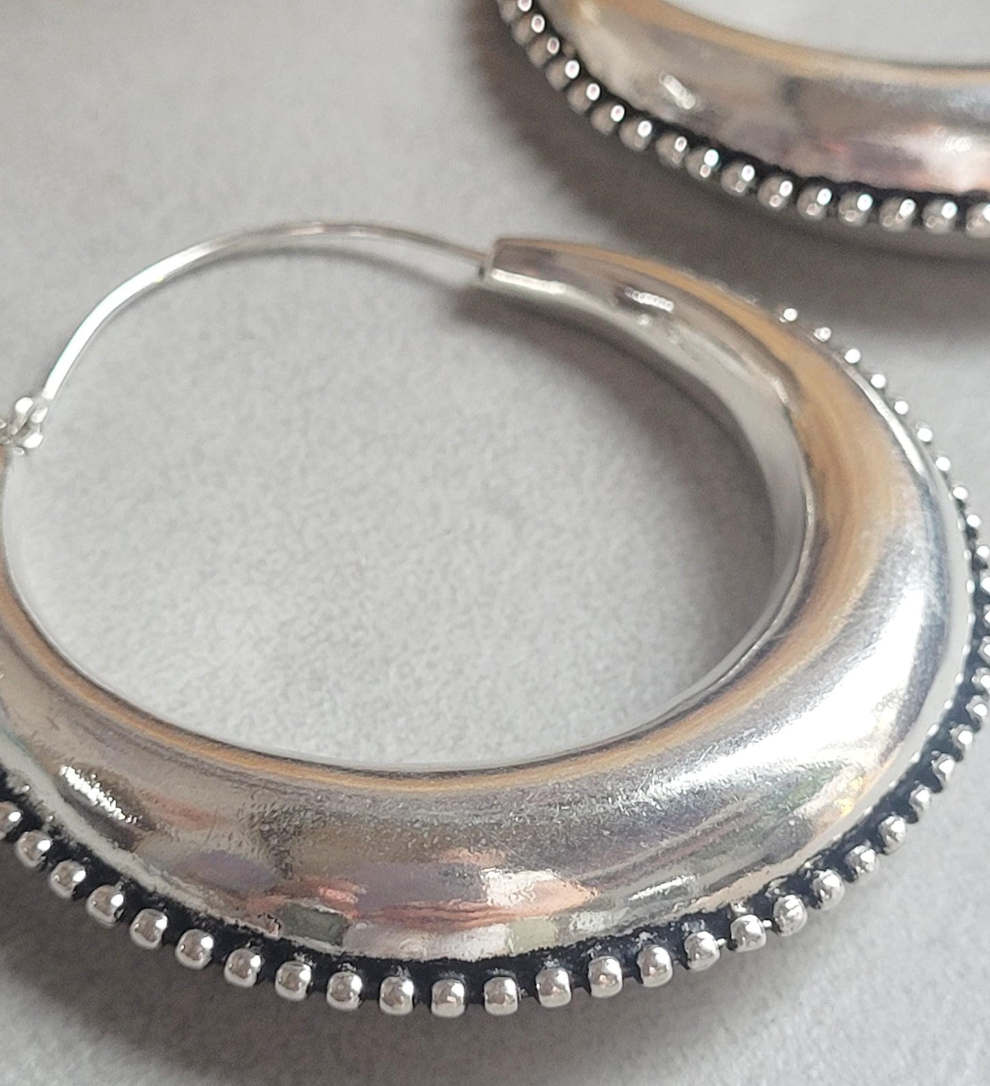 Extra Large Silver Plated Hoop Earrings 6.5cm | Oversized Boho Hoops | Textured Beaded Edge | Bold Statement Silver Jewellery