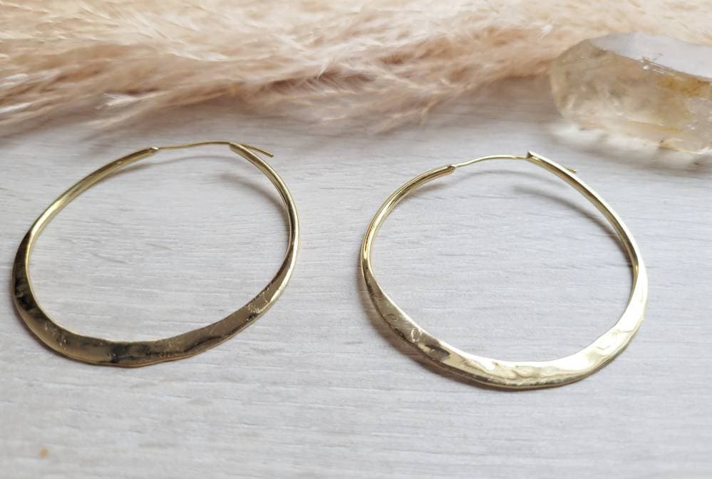 Hammered Brass Spiral Hoop Earrings: Large Boho Jewelry