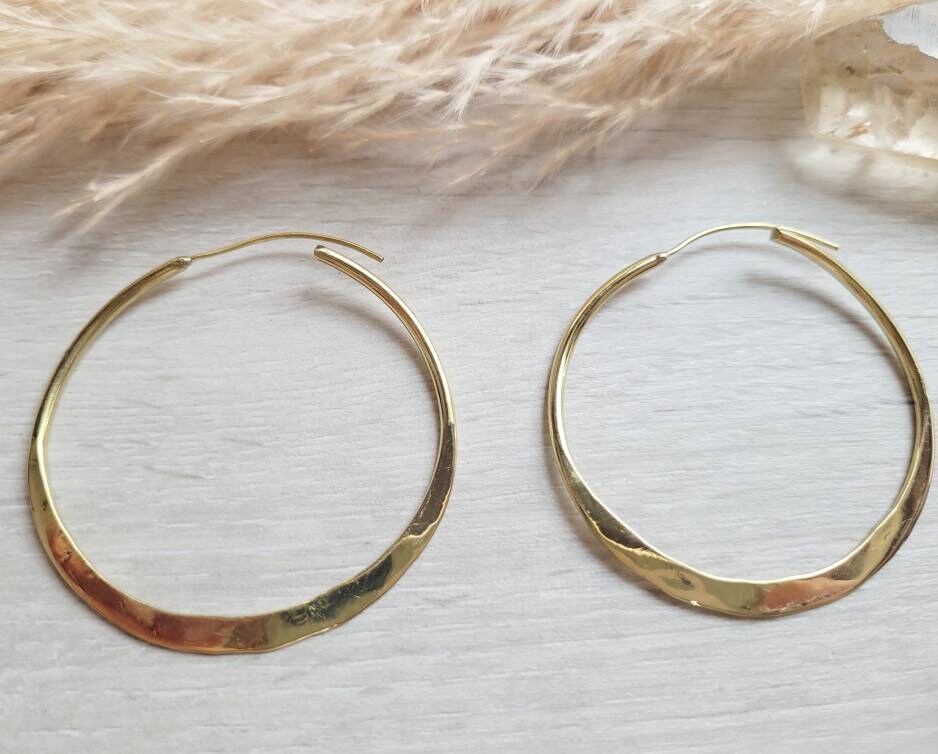 Hammered Brass Spiral Hoop Earrings: Large Boho Jewelry