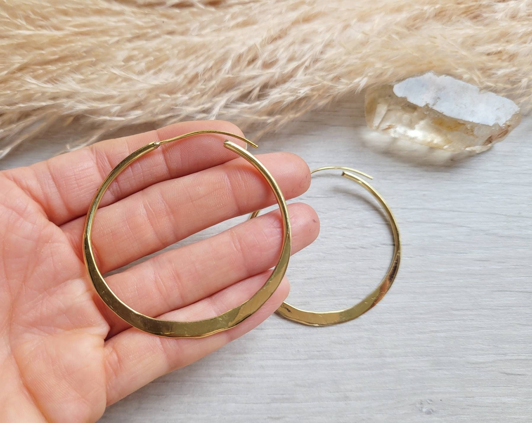 Hammered Brass Spiral Hoop Earrings: Large Boho Jewelry