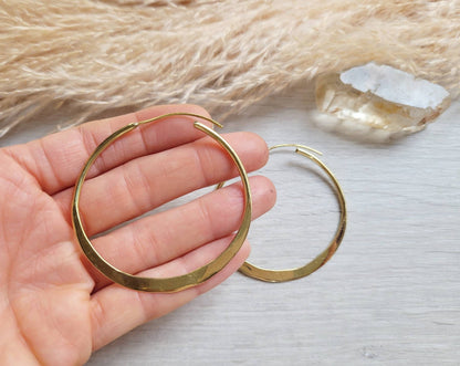 Hammered Brass Spiral Hoop Earrings: Large Boho Jewelry