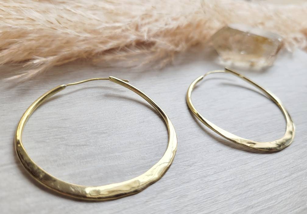 Hammered Brass Spiral Hoop Earrings: Large Boho Jewelry