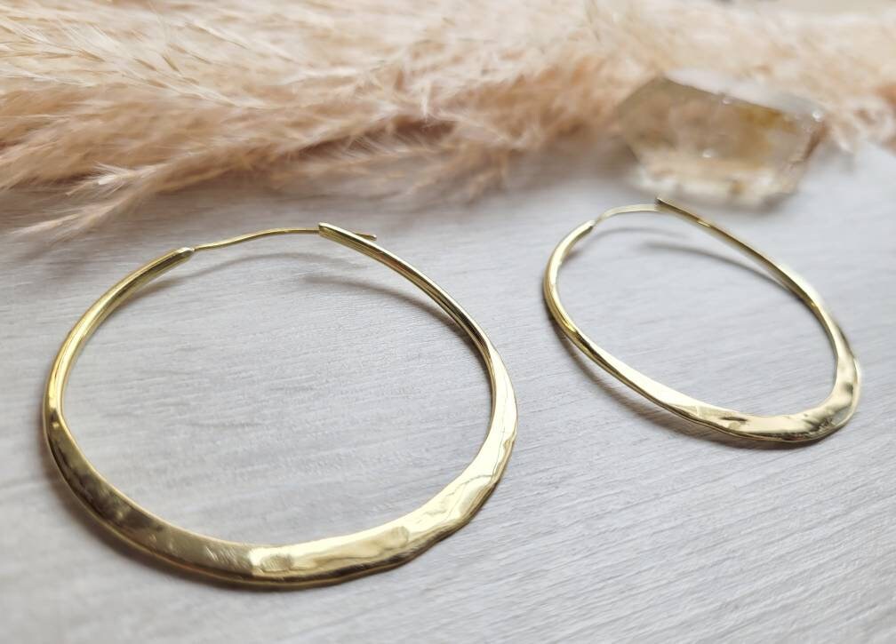 Hammered Brass Spiral Hoop Earrings: Large Boho Jewelry
