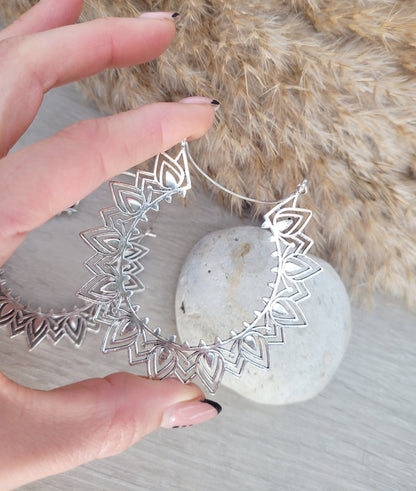 Large silver hoops / Large earrings / Hoops / Hippie / Statement jewellery /Detailed earrings