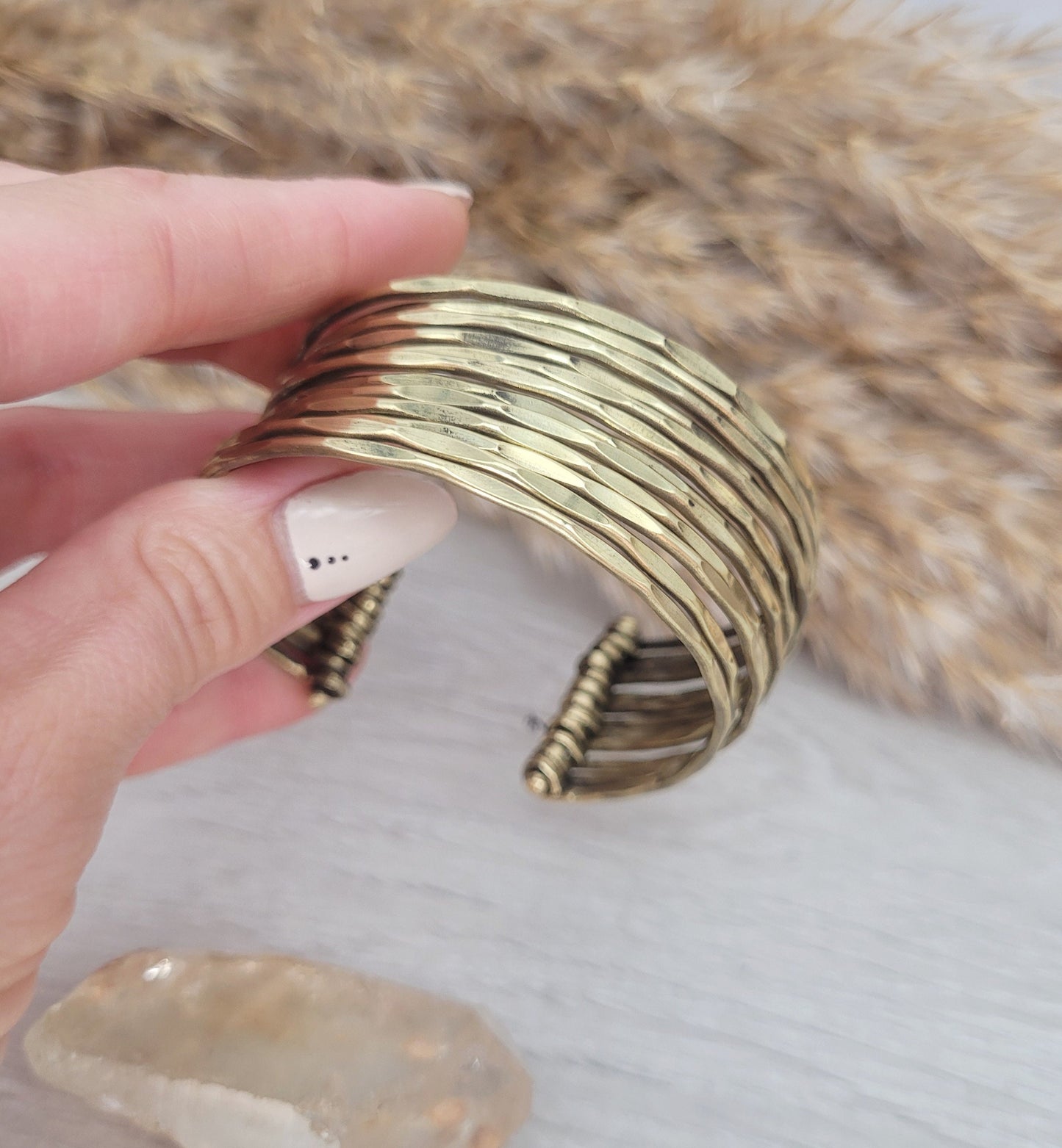 Textured Brass Cuff Bracelet: Adjustable Bohemian Statement Jewelry