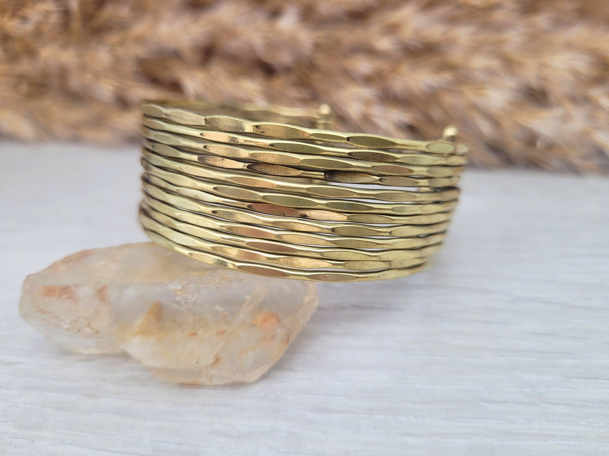 Textured Brass Cuff Bracelet: Adjustable Bohemian Statement Jewelry