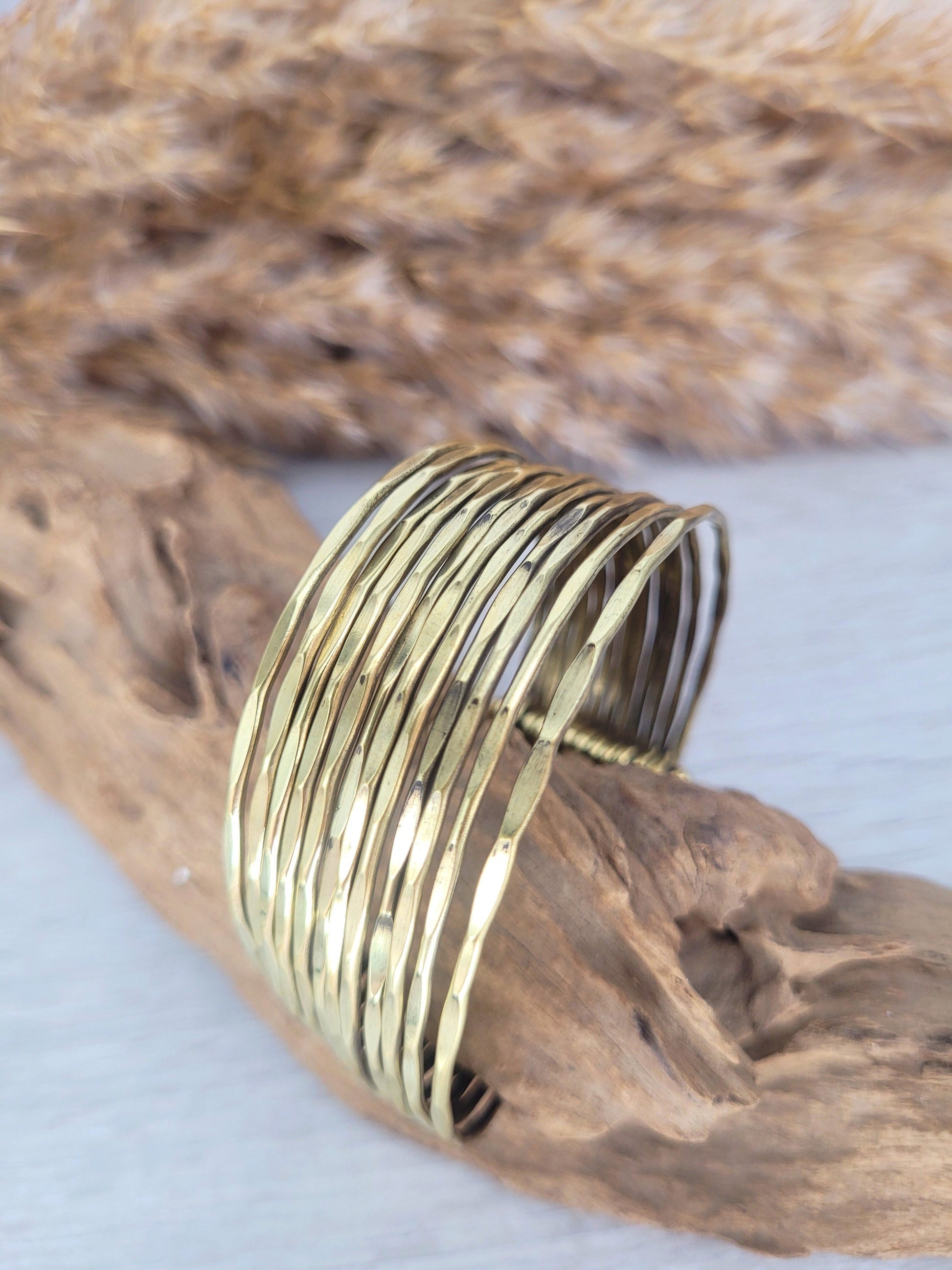 Textured Brass Cuff Bracelet: Adjustable Bohemian Statement Jewelry