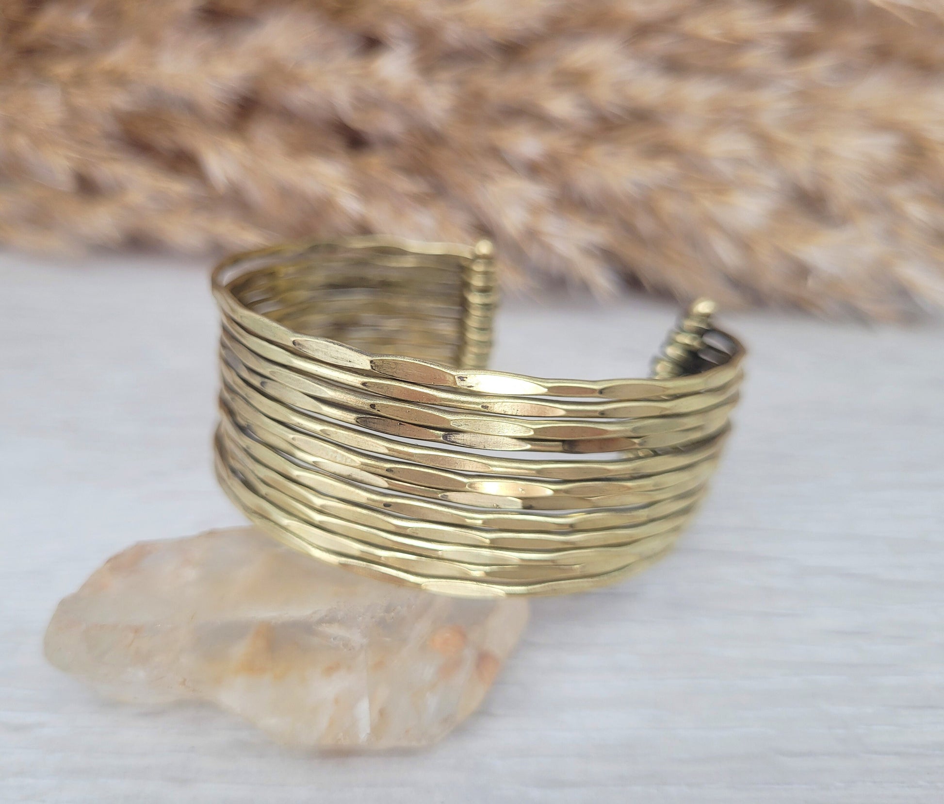 Textured Brass Cuff Bracelet: Adjustable Bohemian Statement Jewelry