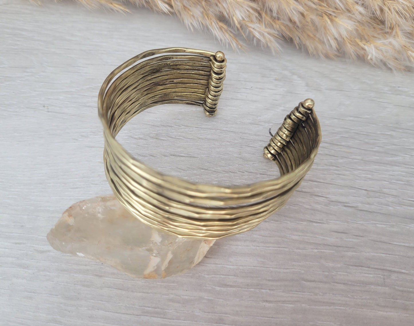 Textured Brass Cuff Bracelet: Adjustable Bohemian Statement Jewelry