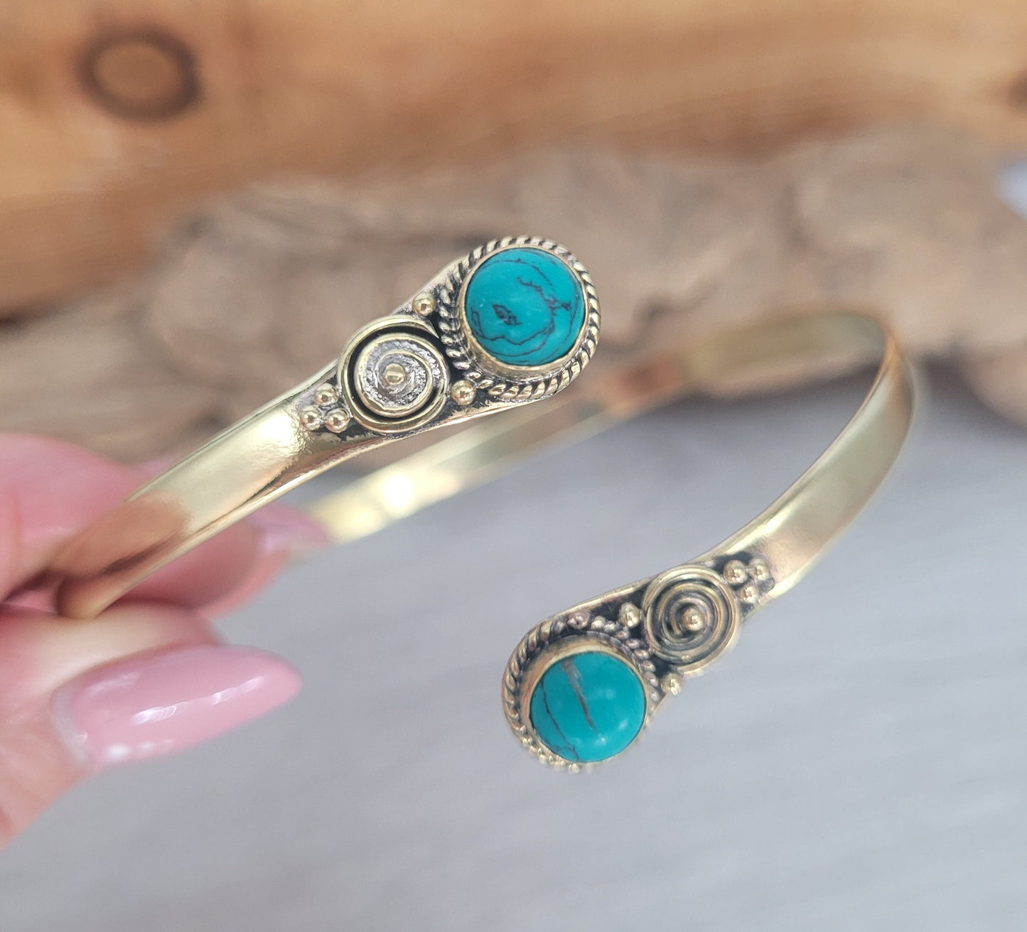 Brass arm bracelet with Turquoise stone / Gold bracelet / Hippie / Healing / Jewellery / Unique Gift / Adjustable