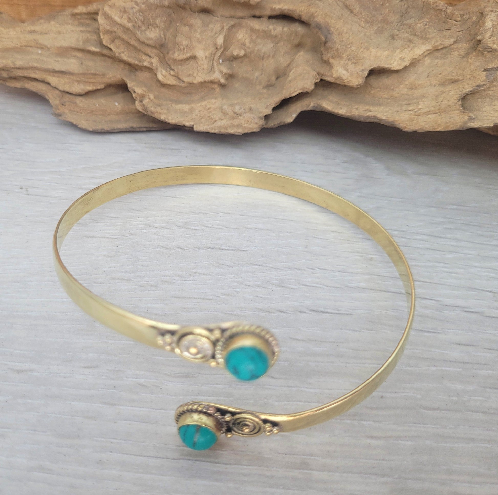 Brass arm bracelet with Turquoise stone / Gold bracelet / Hippie / Healing / Jewellery / Unique Gift / Adjustable