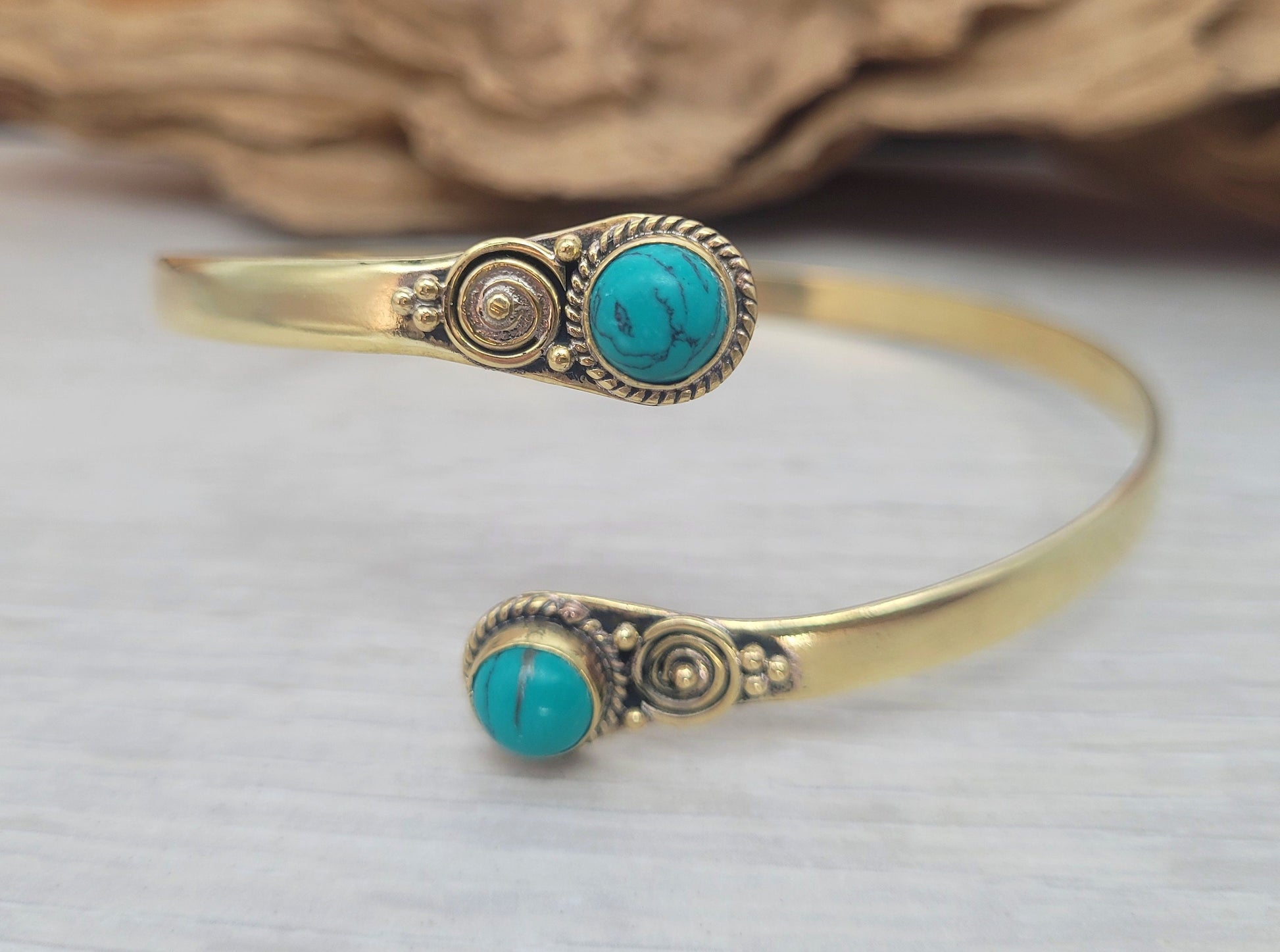 Brass arm bracelet with Turquoise stone / Gold bracelet / Hippie / Healing / Jewellery / Unique Gift / Adjustable