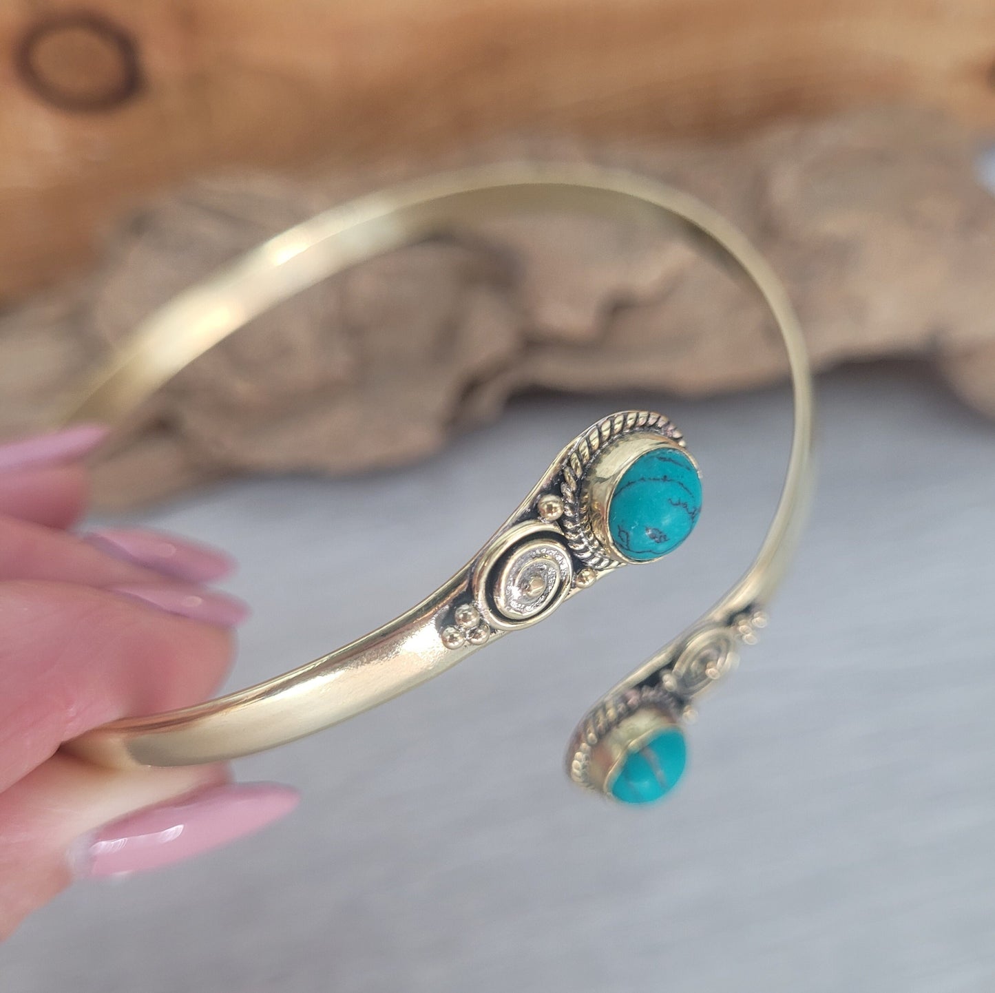 Brass arm bracelet with Turquoise stone / Gold bracelet / Hippie / Healing / Jewellery / Unique Gift / Adjustable