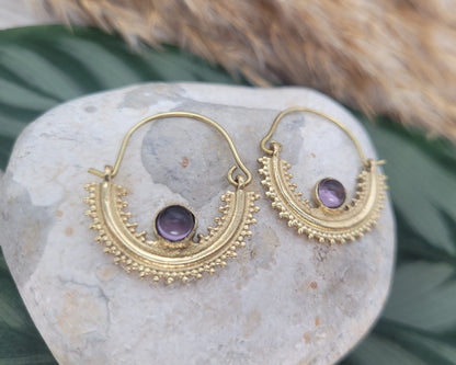 Brass small hoops / Amethyst / Detailed hoops Earring / Bohemian jewellery / Boho / Minimal / Crystal earrings / Bali hoops