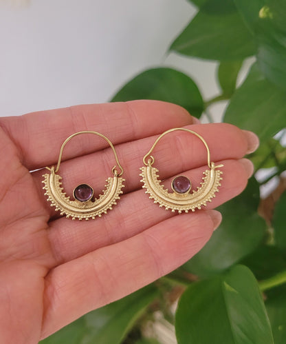 Brass small hoops / Amethyst / Detailed hoops Earring / Bohemian jewellery / Boho / Minimal / Crystal earrings / Bali hoops