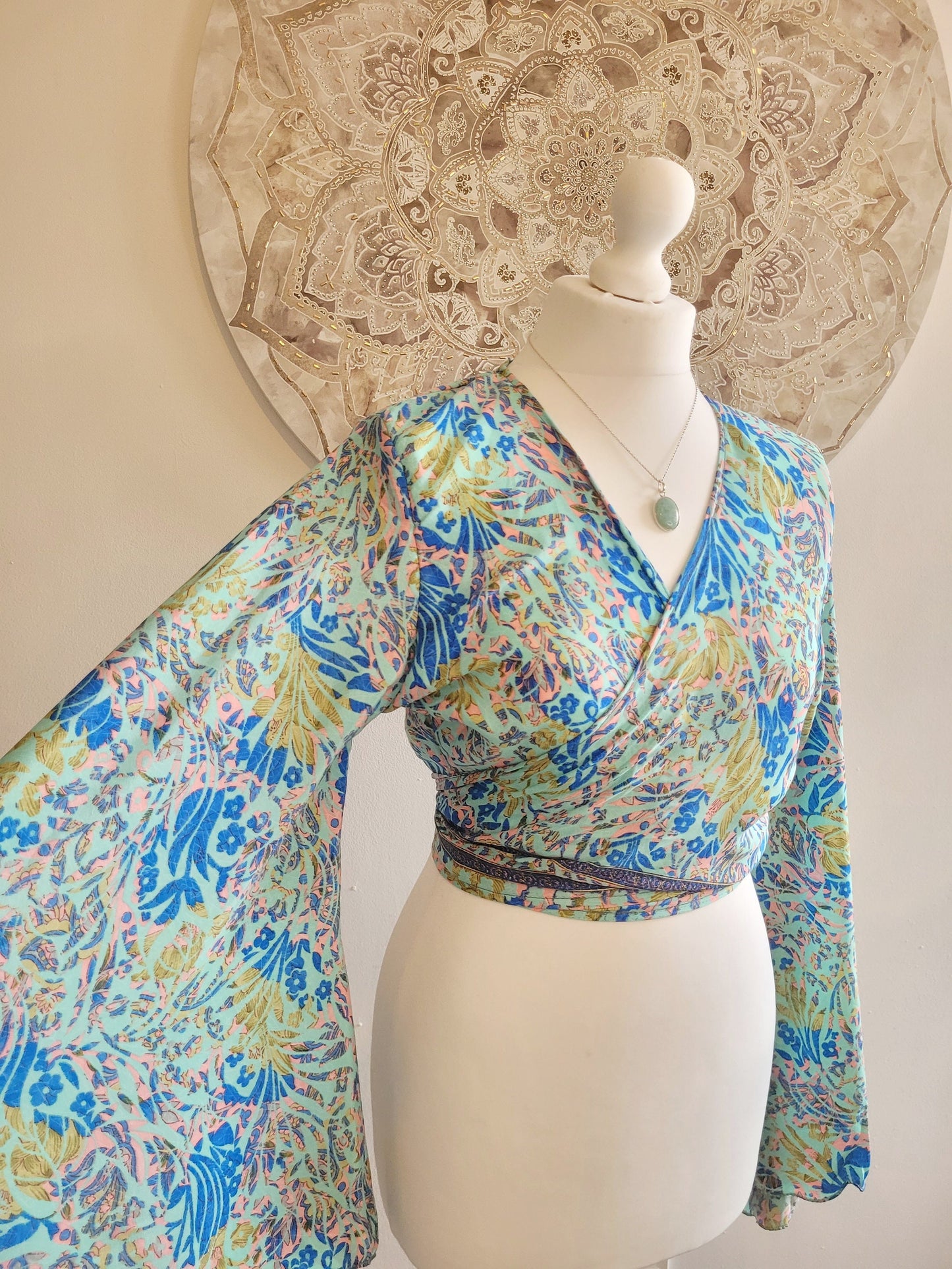 Wrap top / Bohemian / Bamboo silk wrap top / Wrap top / Bamboo silk / Summer Top / leaf design / Bell sleeves / Kaftan top / Hippie