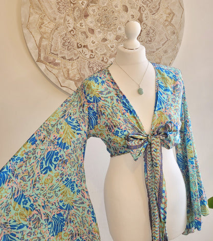 Wrap top / Bohemian / Bamboo silk wrap top / Wrap top / Bamboo silk / Summer Top / leaf design / Bell sleeves / Kaftan top / Hippie