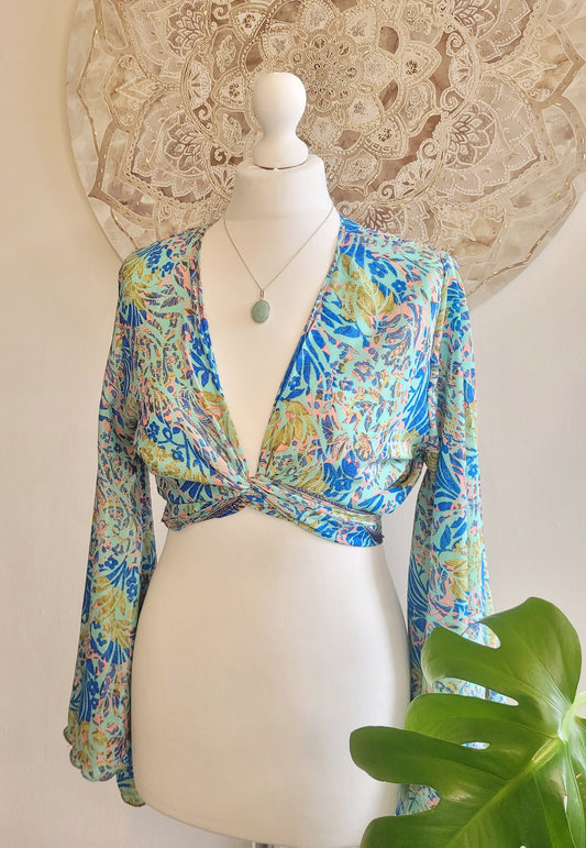 Wrap top / Bohemian / Bamboo silk wrap top / Wrap top / Bamboo silk / Summer Top / leaf design / Bell sleeves / Kaftan top / Hippie