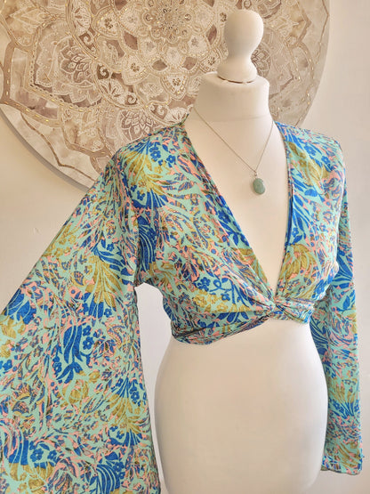 Wrap top / Bohemian / Bamboo silk wrap top / Wrap top / Bamboo silk / Summer Top / leaf design / Bell sleeves / Kaftan top / Hippie