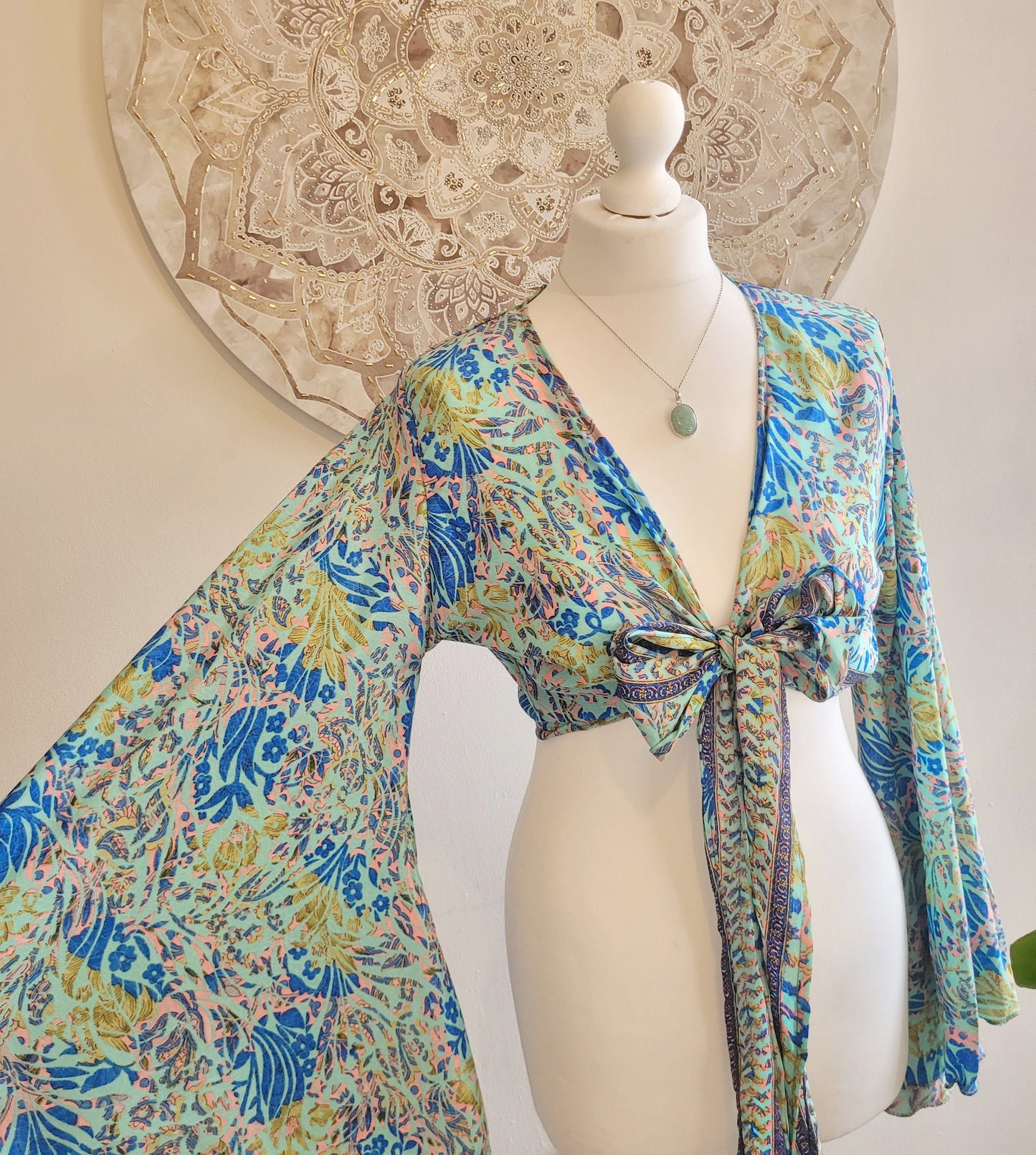 Wrap top / Bohemian / Bamboo silk wrap top / Wrap top / Bamboo silk / Summer Top / leaf design / Bell sleeves / Kaftan top / Hippie