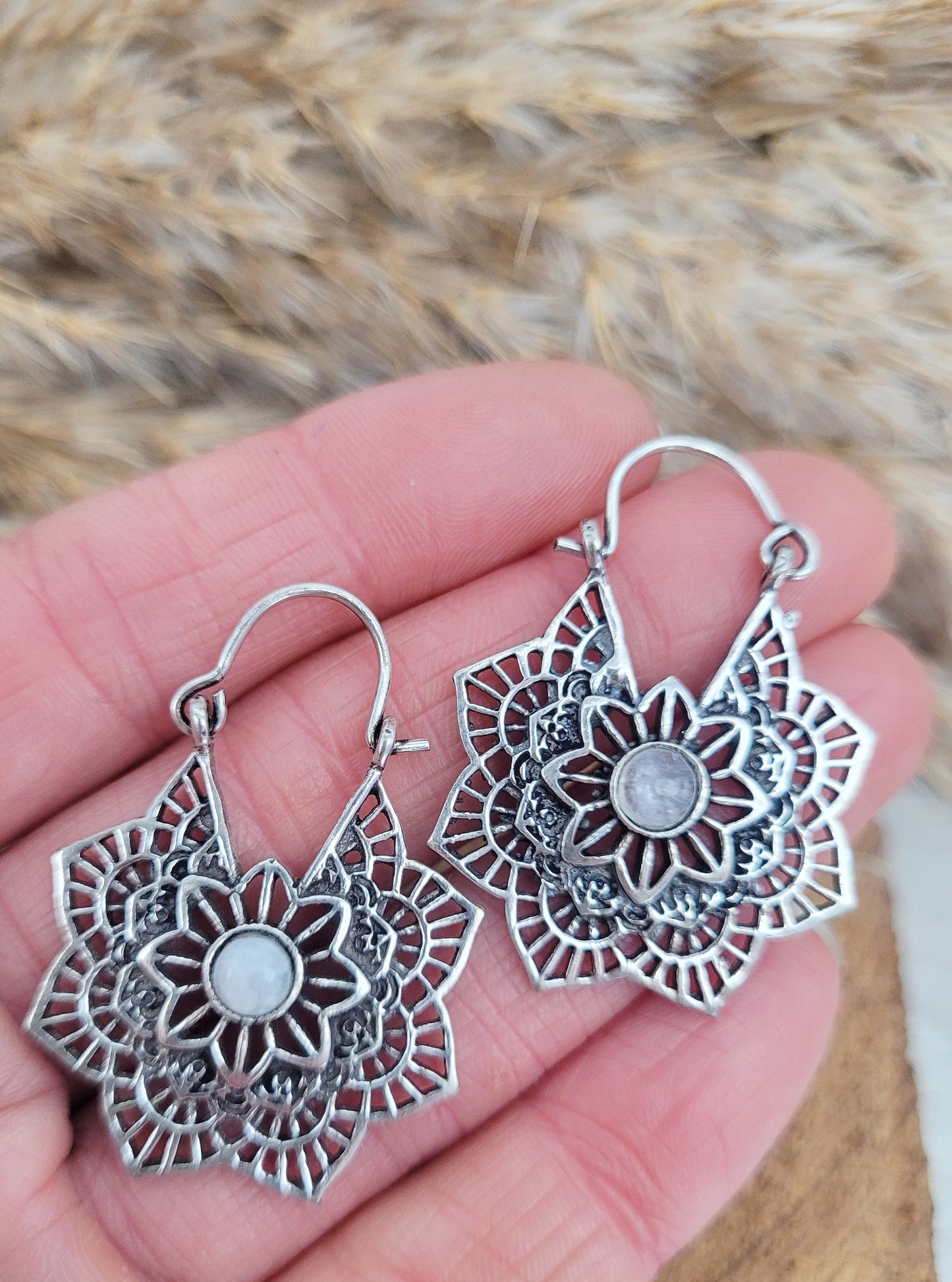 Silver with Moonstone earrings / Mandala / Moonstone / Silver jewellery / Birthstone / Flower design / Bohemian / Boho