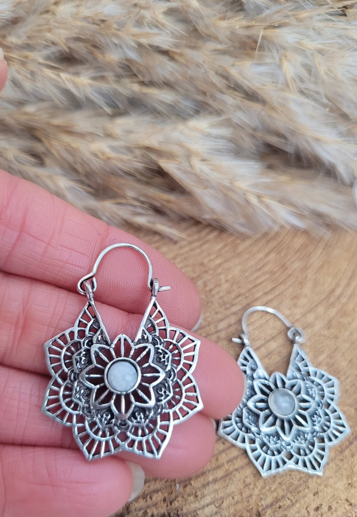 Silver with Moonstone earrings / Mandala / Moonstone / Silver jewellery / Birthstone / Flower design / Bohemian / Boho