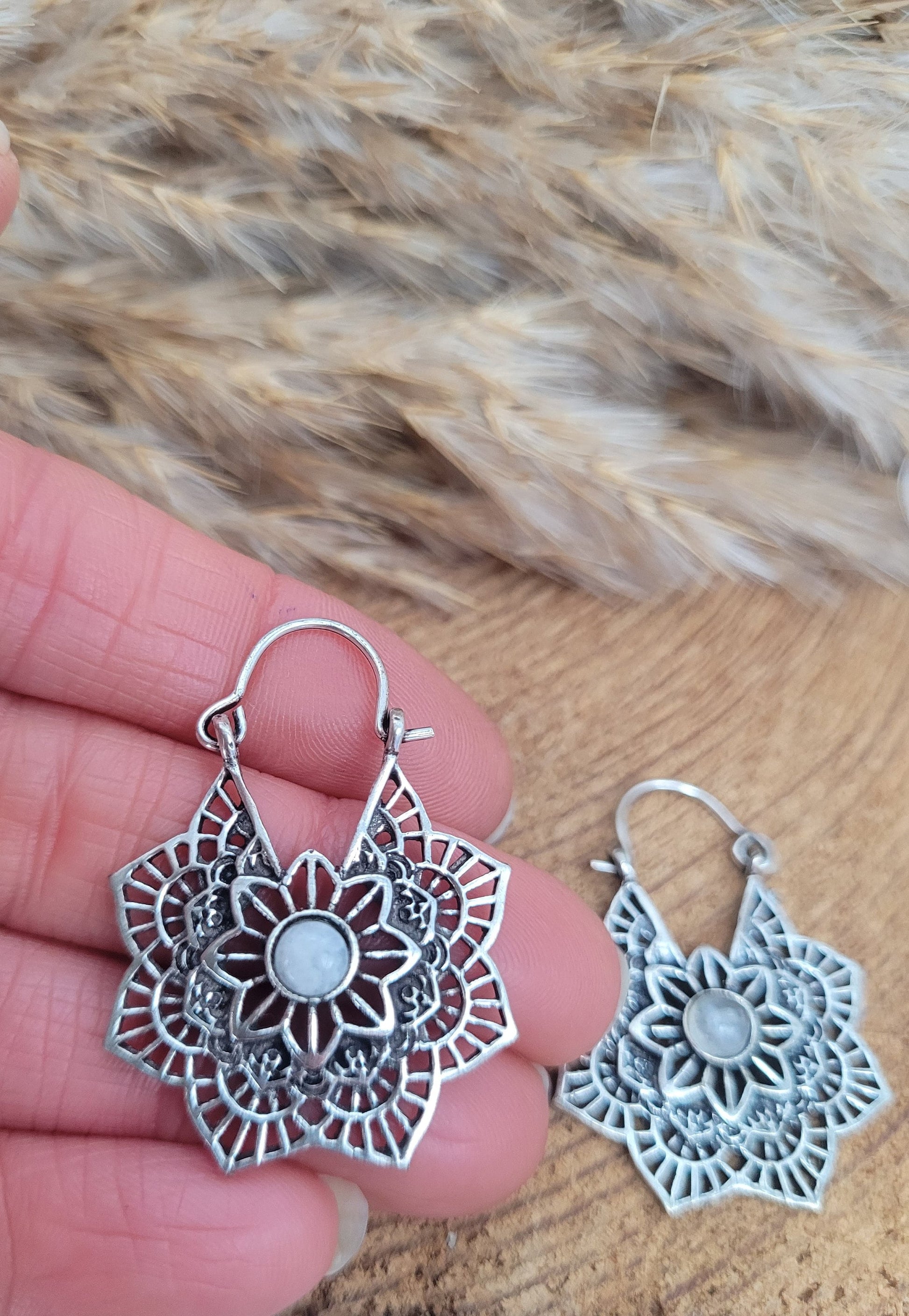 Silver with Moonstone earrings / Mandala / Moonstone / Silver jewellery / Birthstone / Flower design / Bohemian / Boho