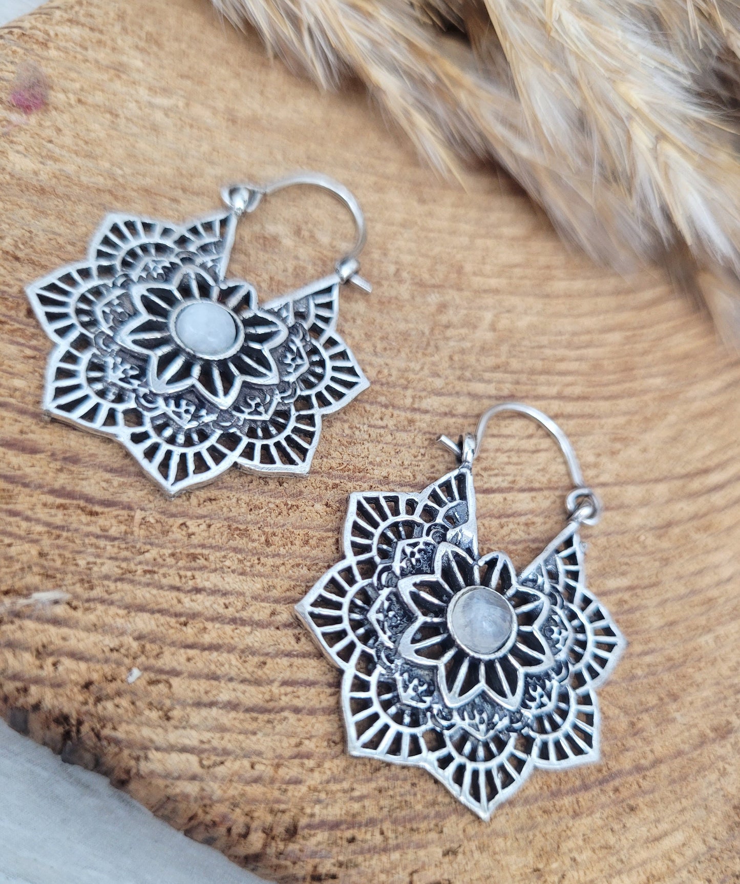 Silver with Moonstone earrings / Mandala / Moonstone / Silver jewellery / Birthstone / Flower design / Bohemian / Boho