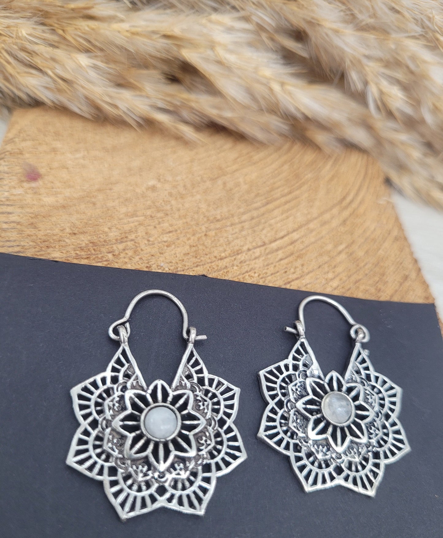 Silver with Moonstone earrings / Mandala / Moonstone / Silver jewellery / Birthstone / Flower design / Bohemian / Boho