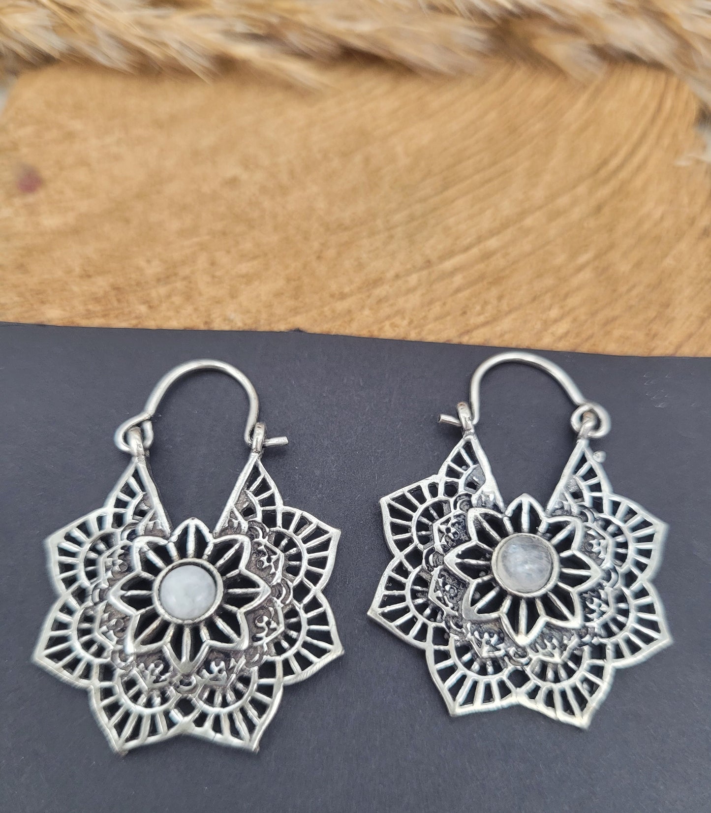 Silver with Moonstone earrings / Mandala / Moonstone / Silver jewellery / Birthstone / Flower design / Bohemian / Boho