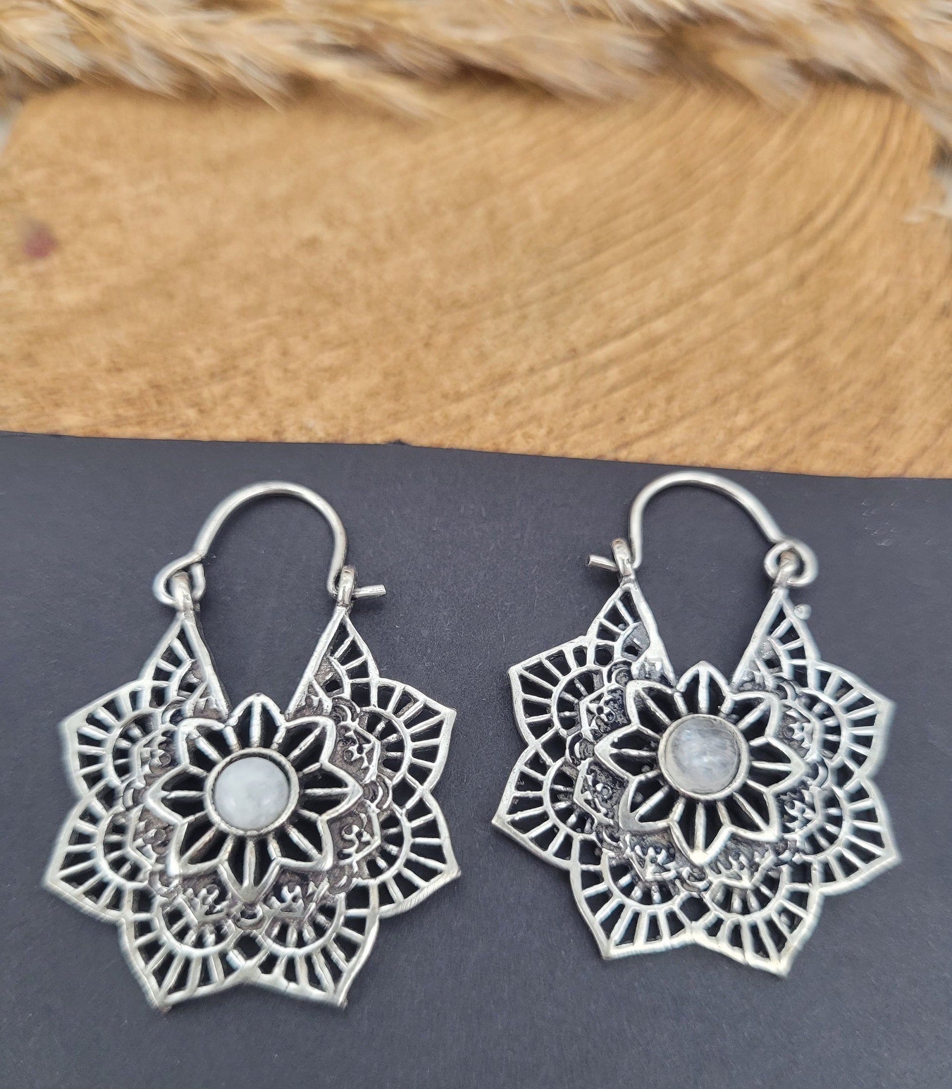 Silver with Moonstone earrings / Mandala / Moonstone / Silver jewellery / Birthstone / Flower design / Bohemian / Boho