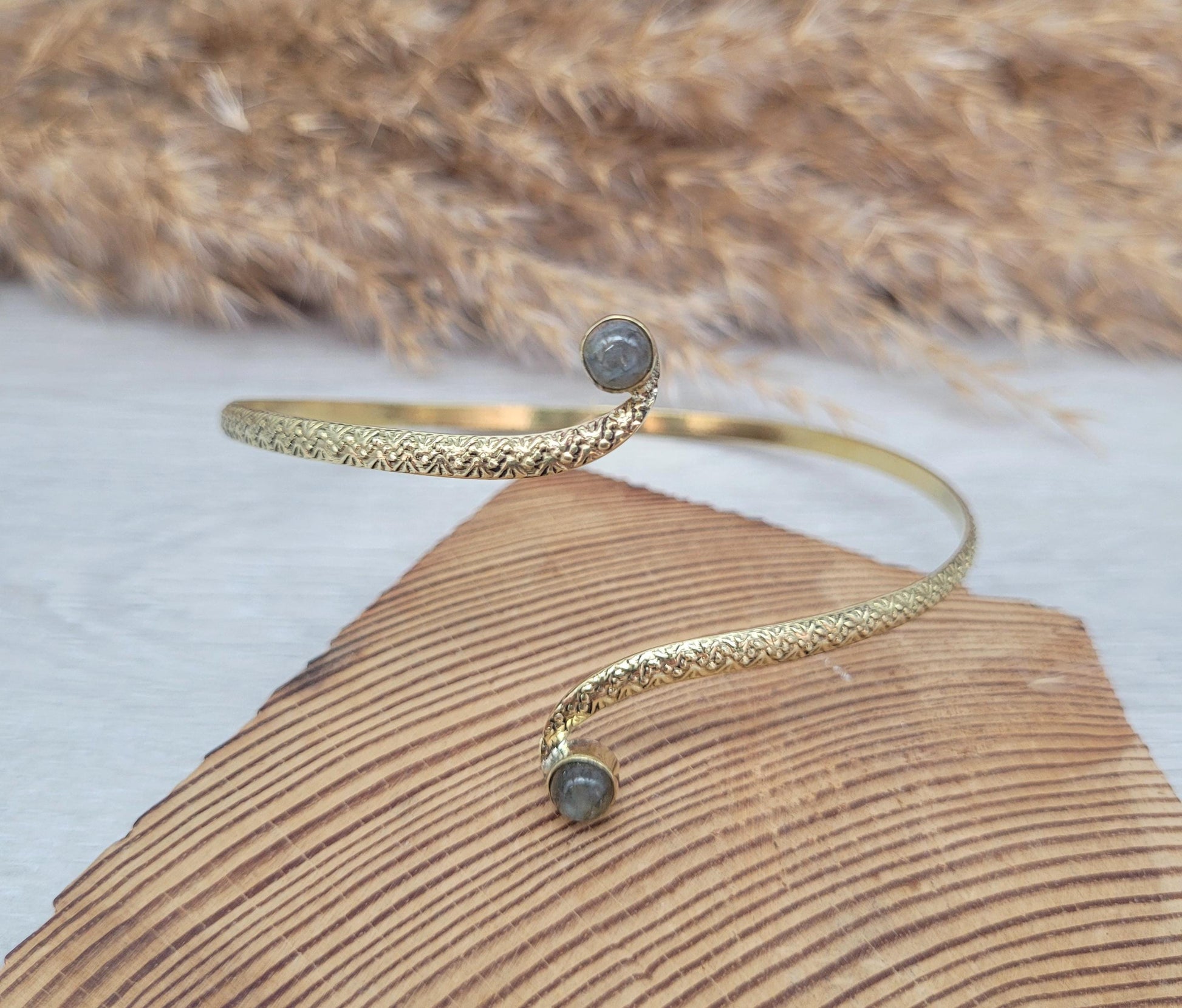 Brass labradorite arm bracelet / Arm cuff / Bangle / Crystal / Gold jewellery / Cute gift / Unique / Healing