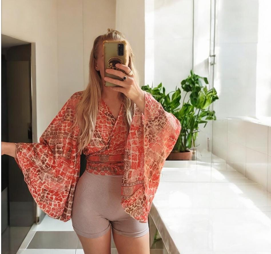 Bohemian bamboo silk wrap top / Wrap top / Bamboo silk / Festival / Bell sleeves / Kaftan top / Hippie / Cover up