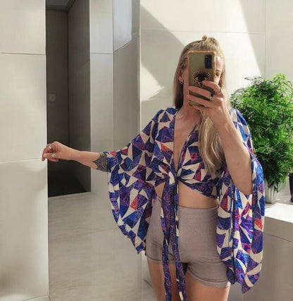 Bohemian bamboo silk wrap top / Wrap top / Bamboo silk / Festival / Bell sleeves / Kaftan top / Hippie / Cover up / Tie Top