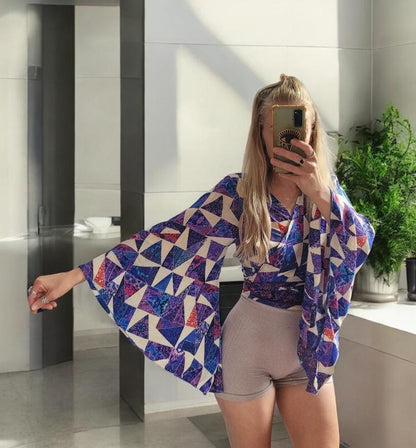 Bohemian bamboo silk wrap top / Wrap top / Bamboo silk / Festival / Bell sleeves / Kaftan top / Hippie / Cover up / Tie Top
