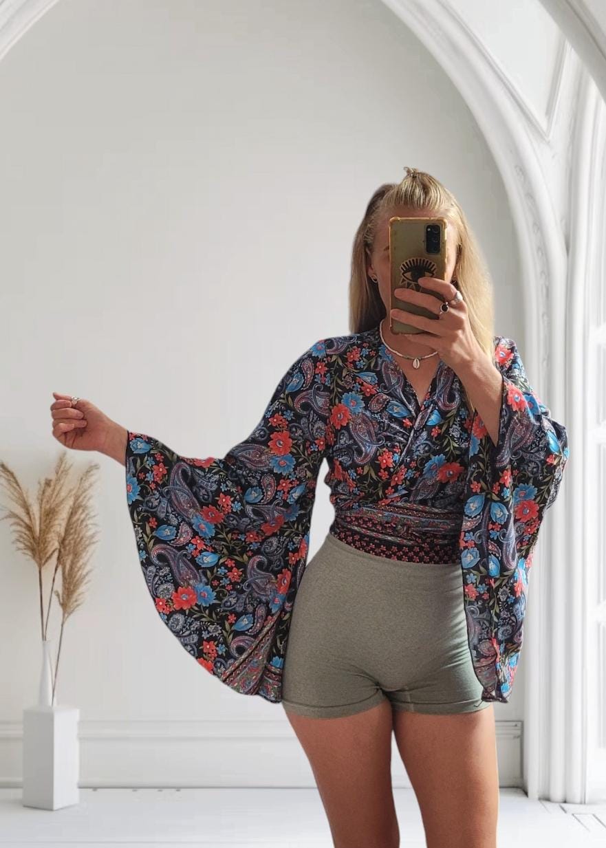 Bohemian bamboo silk wrap top / Wrap top / Bamboo silk / Festival / Bell sleeves / Kaftan top / Hippie / Cover up
