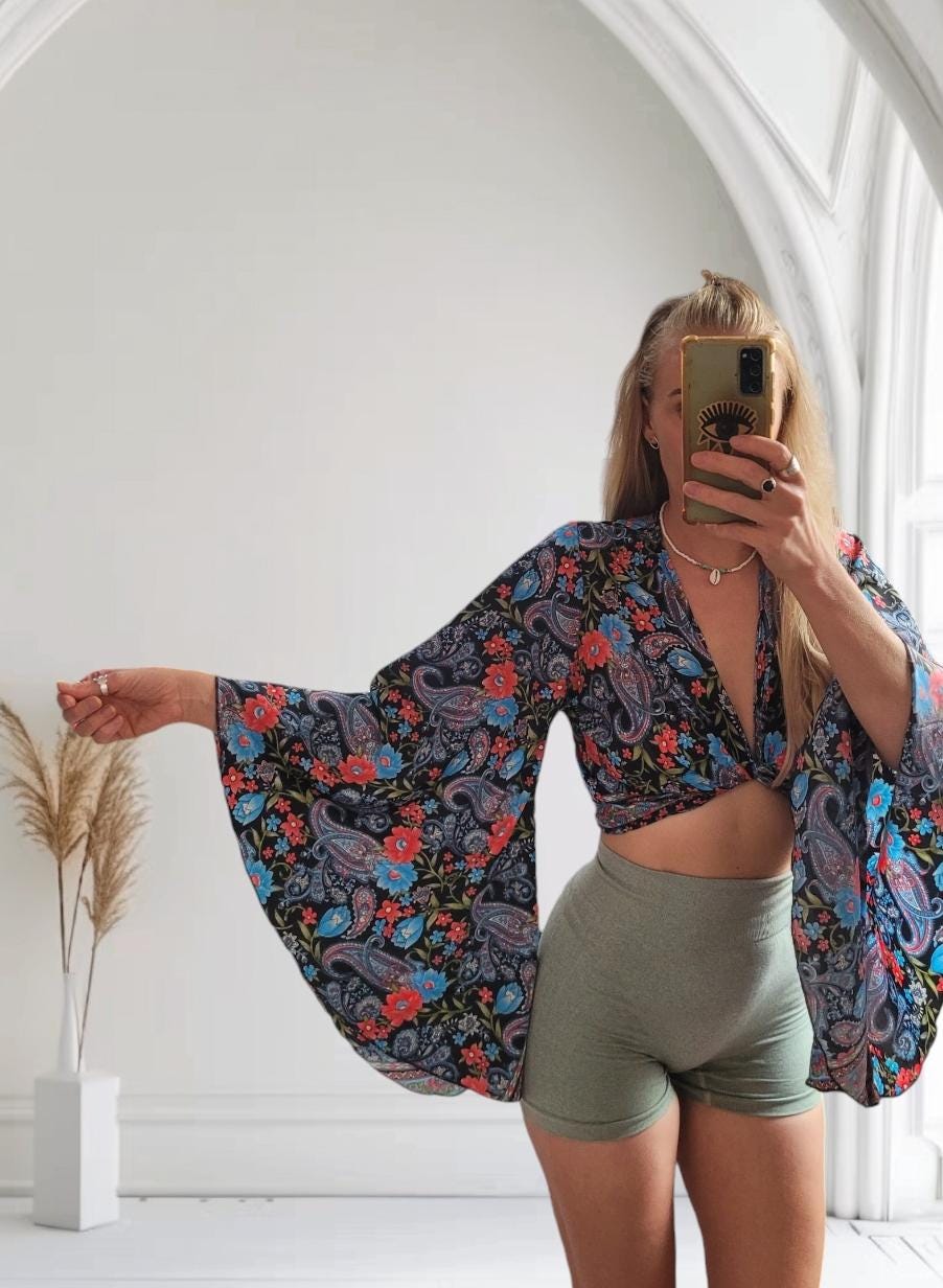 Bohemian bamboo silk wrap top / Wrap top / Bamboo silk / Festival / Bell sleeves / Kaftan top / Hippie / Cover up