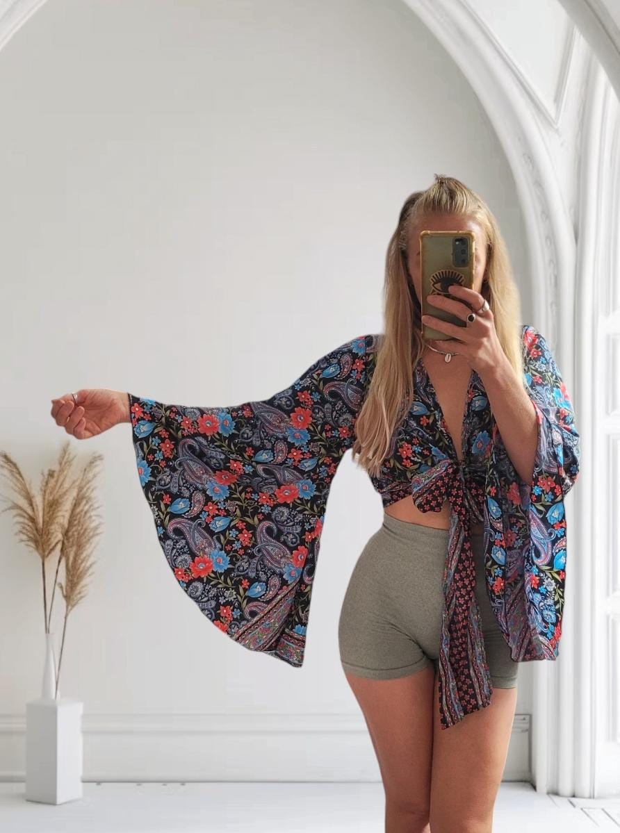 Bohemian bamboo silk wrap top / Wrap top / Bamboo silk / Festival / Bell sleeves / Kaftan top / Hippie / Cover up