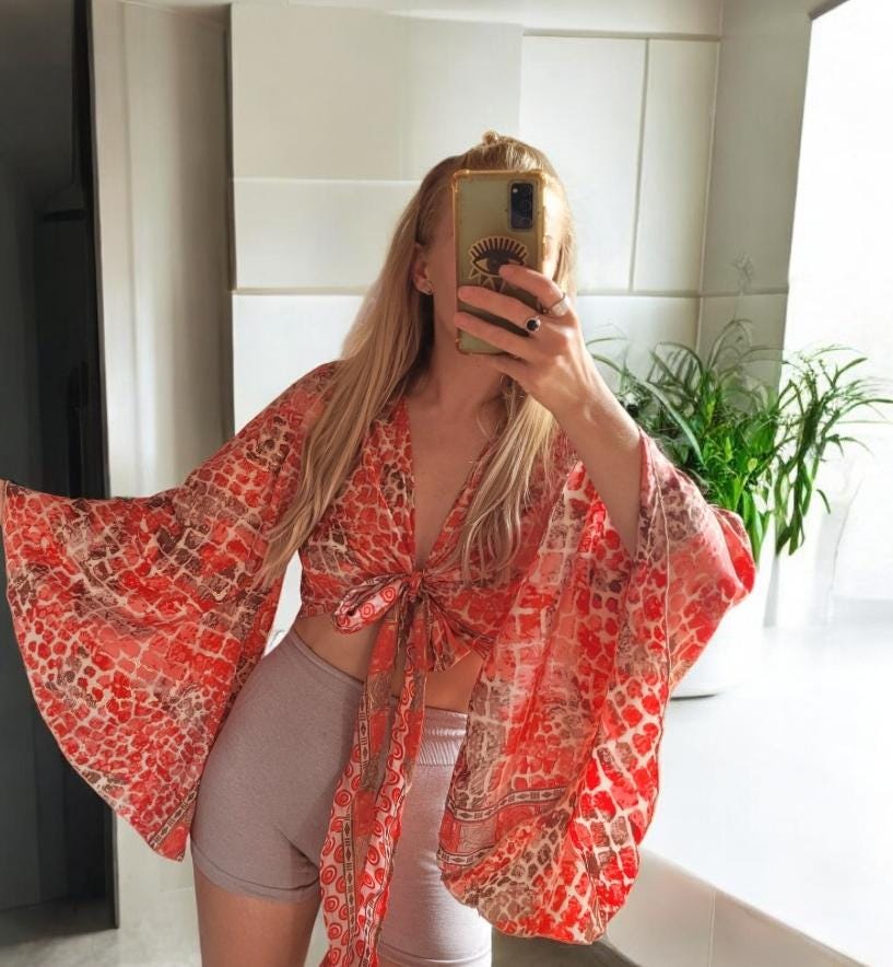 Bohemian bamboo silk wrap top / Wrap top / Bamboo silk / Festival / Bell sleeves / Kaftan top / Hippie / Cover up