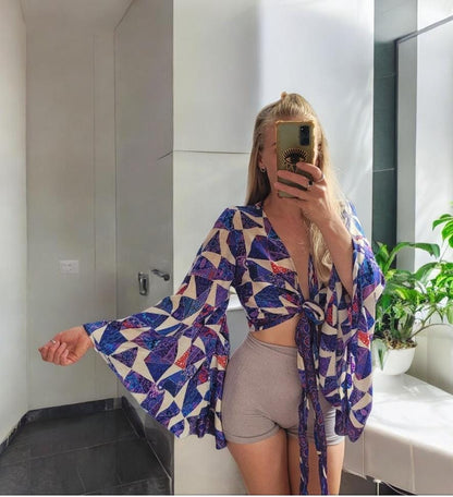 Bohemian bamboo silk wrap top / Wrap top / Bamboo silk / Festival / Bell sleeves / Kaftan top / Hippie / Cover up / Tie Top