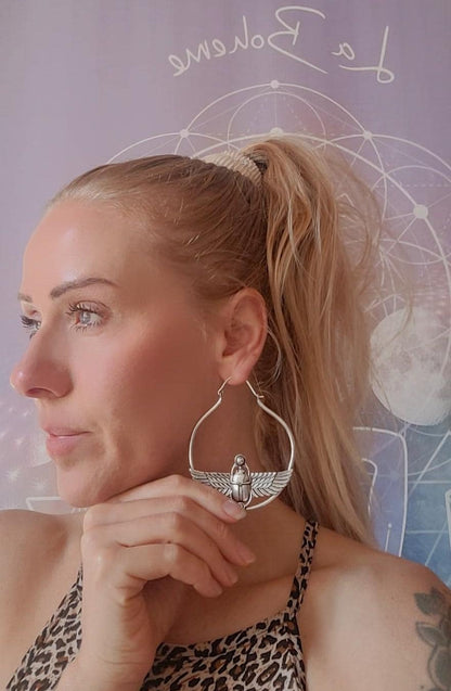 Large scarab beetle earrings / Silver hoops / Big hoops / Statement earrings / Beetle / Gift / Silver jewellery / Tribal