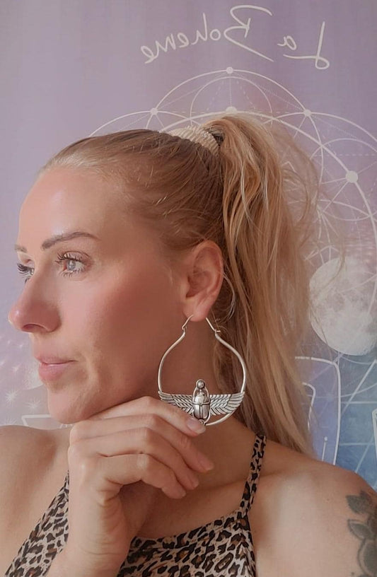 Large scarab beetle earrings / Silver hoops / Big hoops / Statement earrings / Beetle / Gift / Silver jewellery / Tribal