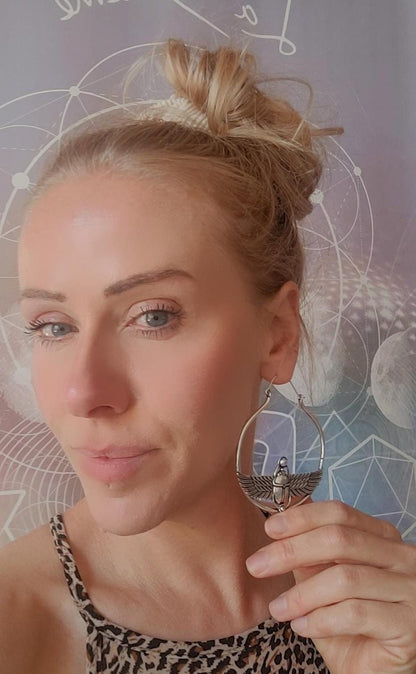 Large scarab beetle earrings / Silver hoops / Big hoops / Statement earrings / Beetle / Gift / Silver jewellery / Tribal
