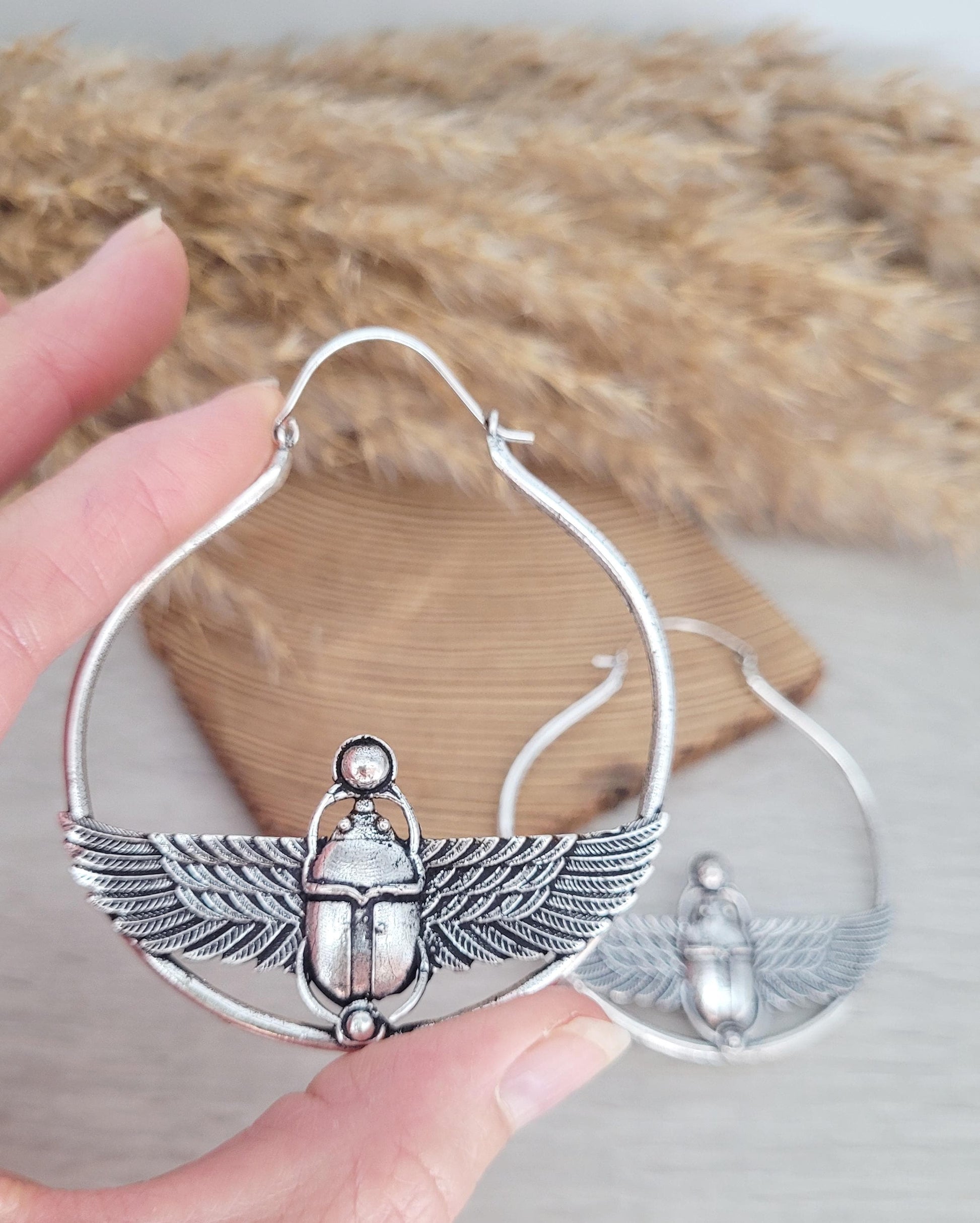Large scarab beetle earrings / Silver hoops / Big hoops / Statement earrings / Beetle / Gift / Silver jewellery / Tribal