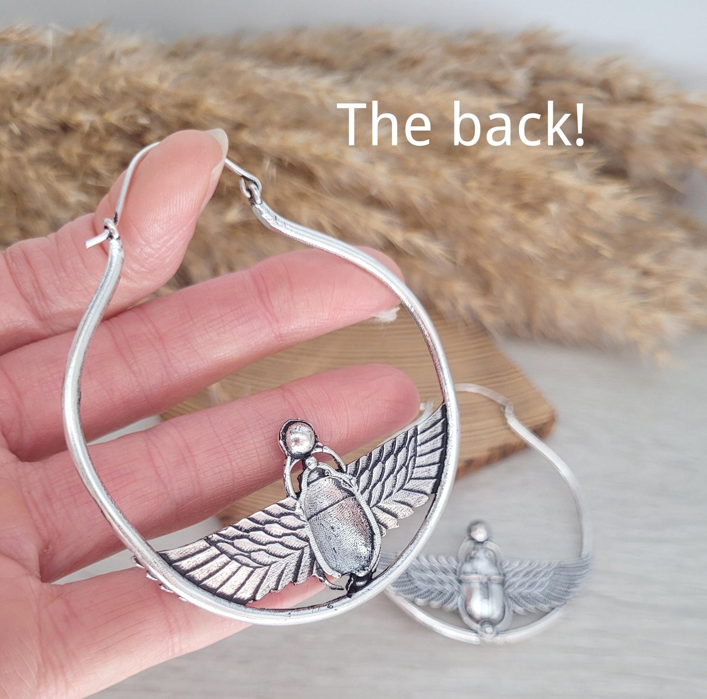Large scarab beetle earrings / Silver hoops / Big hoops / Statement earrings / Beetle / Gift / Silver jewellery / Tribal