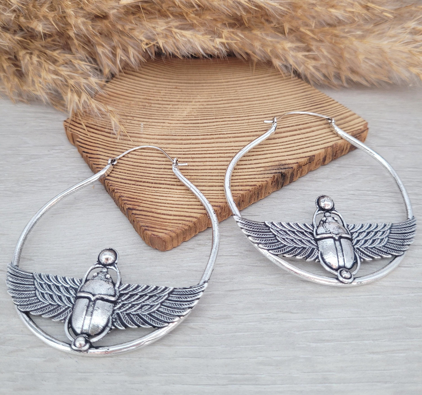 Large scarab beetle earrings / Silver hoops / Big hoops / Statement earrings / Beetle / Gift / Silver jewellery / Tribal